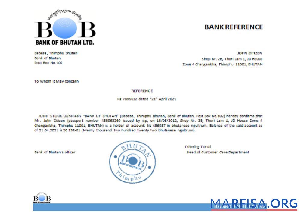 Downloadable Bhutan Bank of Bhutan reference real example